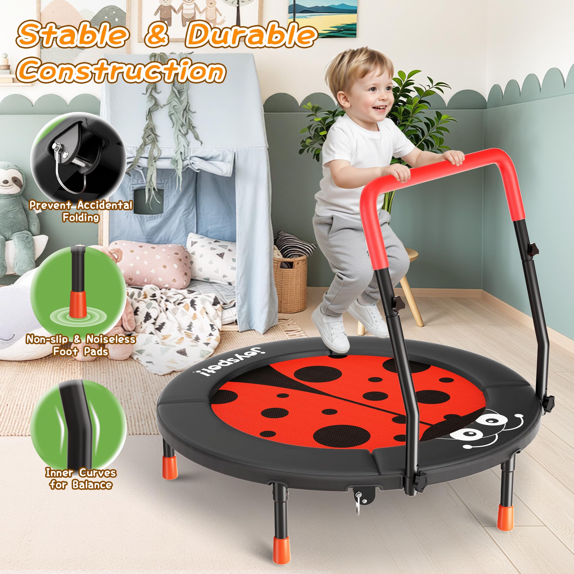 JOY SPOT! Trampolin Kinder Indoor Outdoor, Ø91cm Mini Trampolin mit Verstellbarer Haltegriff, Faltbares Kindertrampolin bis 45 kg, Fitness Rebounder mit Sicherheitspolster für Kleinkind 3-12