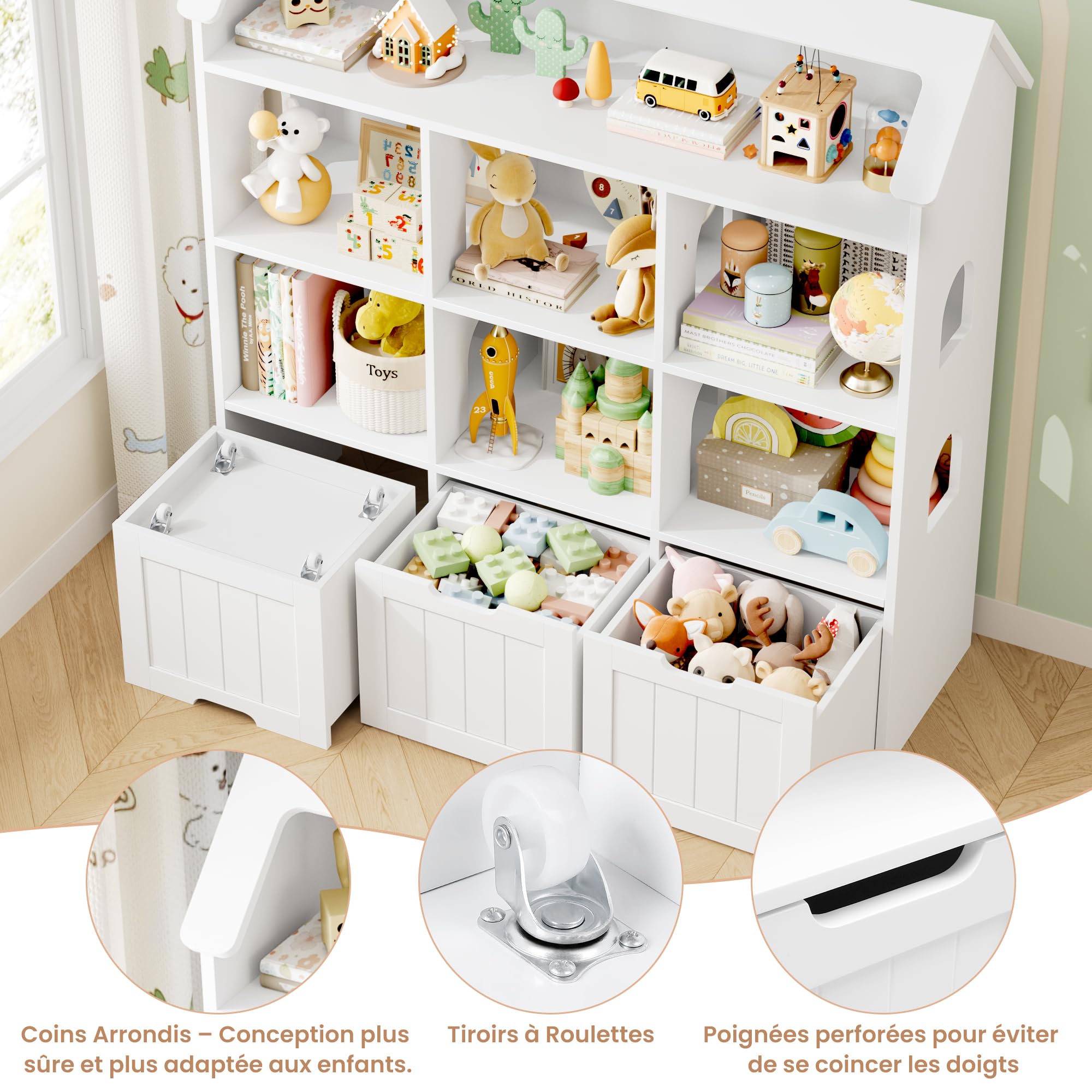FOREHILL Meuble Rangement Enfant, Maison de Poupée, Bibliothèque Enfant avec 7 Étagères 3 Tiroirs Roulants, Rangement Jouet Chambre Enfant, 120x30x117.5cm, Blanc