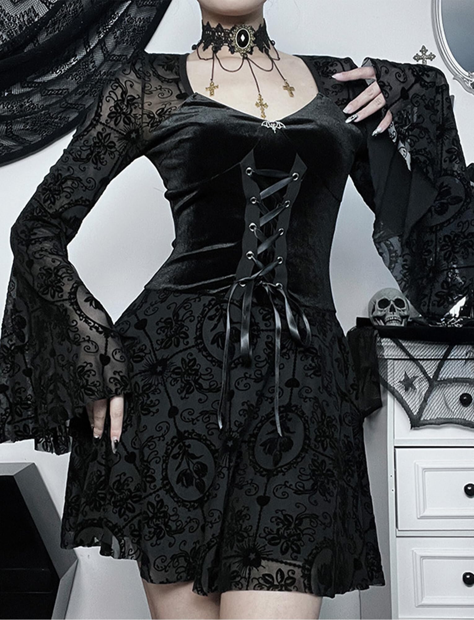 Maeau - Vestito Gotico Donna Retro Nero Steampunk Abito Vintage Pizzo Vestito A-Line Maxi Elegante Maniche Lunghe