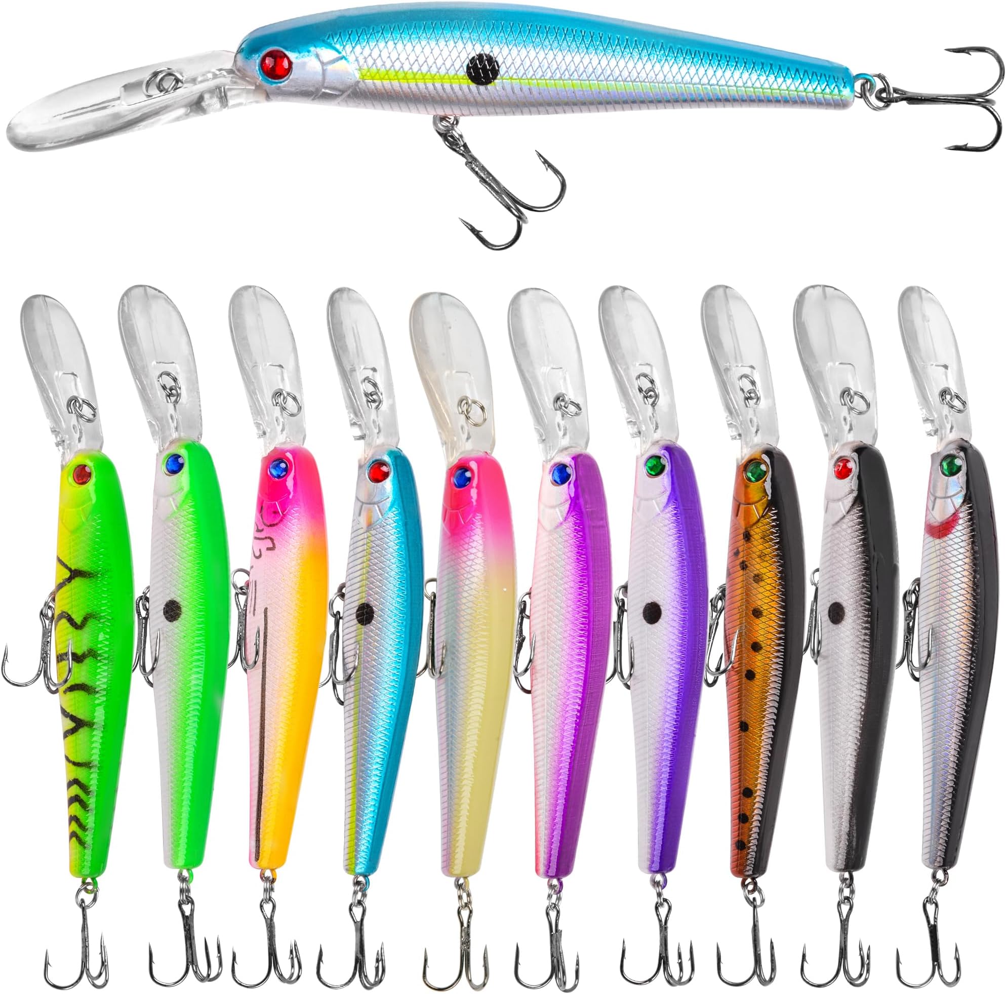 Crankbait Minnow Fishing Lures,10pcs Popper Plug Lure with Treble Hooks Hard Baits Swimbaits 3D Fishing Eyes Life-Like Bass Crank Bait for Trout Bass Perch Fishing