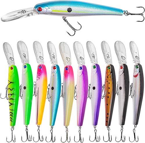 Crankbait Minnow Fishing Lures,10pcs Topwater Lure with Treble Hooks Hard Baits Swimbaits 3D Fishing Eyes Life-Like Bass Crank Bait for Trout Bass