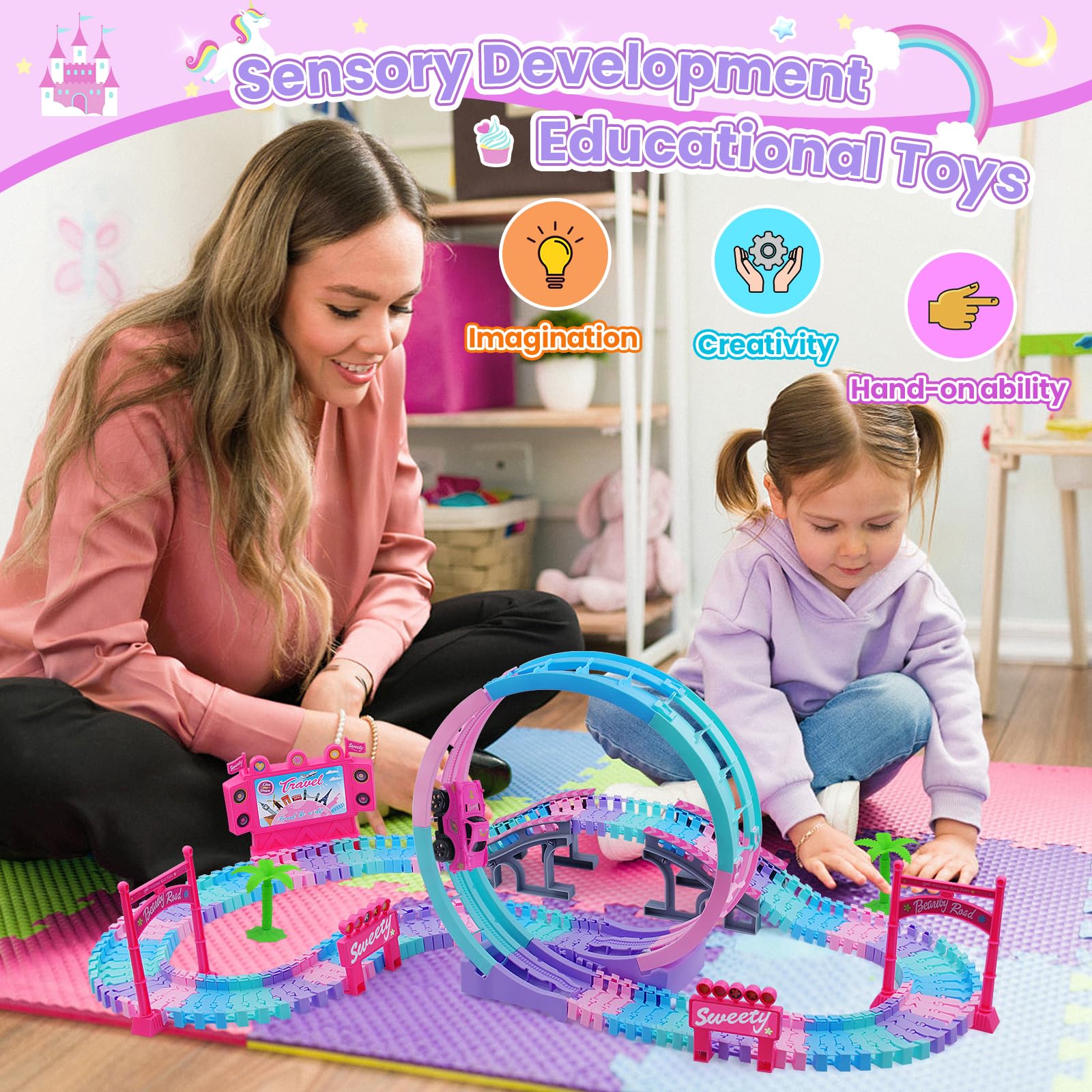 Juego de Carrera mágica para niños, 144 Piezas Flexible-Mejor Regalo de cumpleaños para 3 4 5 6 7 8 años niñas Chicos, con Escalera de 360 bucles, Auto Iluminado