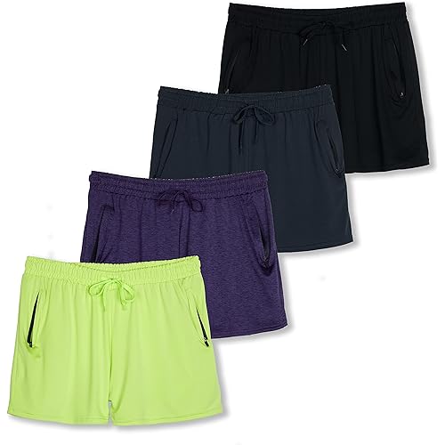 Real Essentials 4 Pack: Womens Active Athletic Performance Dry-Fit Shorts with Zipper Pockets (Available in Plus Size)