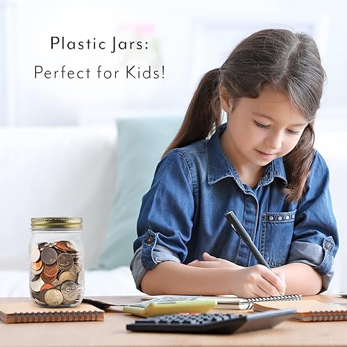 Miniatura 5 de Cornucopia - Tarros pequeños para monedas (paquete de 4, transparentes) tarros de plástico transparente de 16 onzas con tapas ranuradas doradas