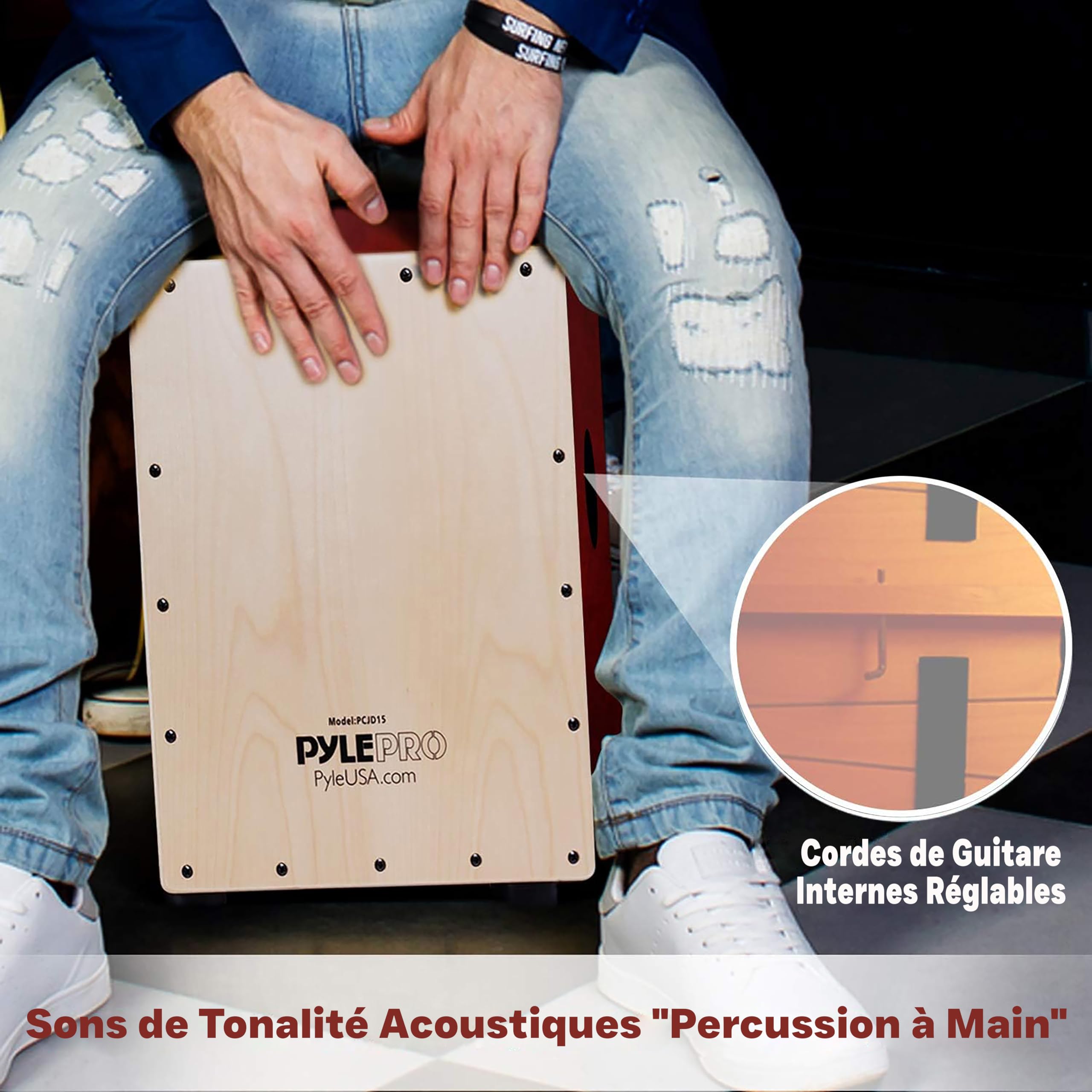 Pyle Cajón Compact Acoustique en Bois de Bouleau avec Cordes de Guitare Internes - Caisse à Percussions avec Son de Basse Profonde, Claquement Classique et Crépitement