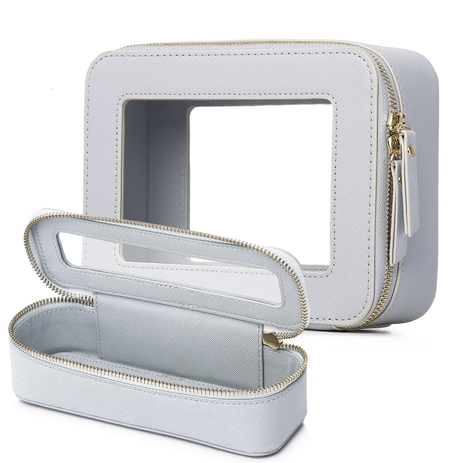 Clear Travel Makeup Bag with Brush Case Portable Transparent Cosmetic Bag and Toiletry Bag Waterproof Makeup Organizer with Zipper Car Essential for Women (Gray, M+Slim)