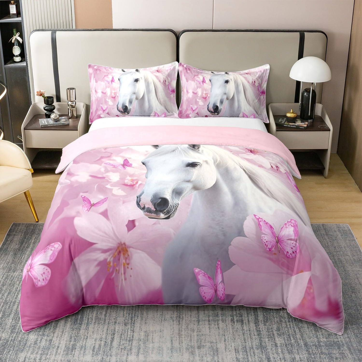 Loussiesd Juego de ropa de cama de 100% algodón, 155 x 220 cm, diseño de mariposas, juego de funda nórdica con estampado de caballos, juego de ropa de cama de princesa con diseño de animales