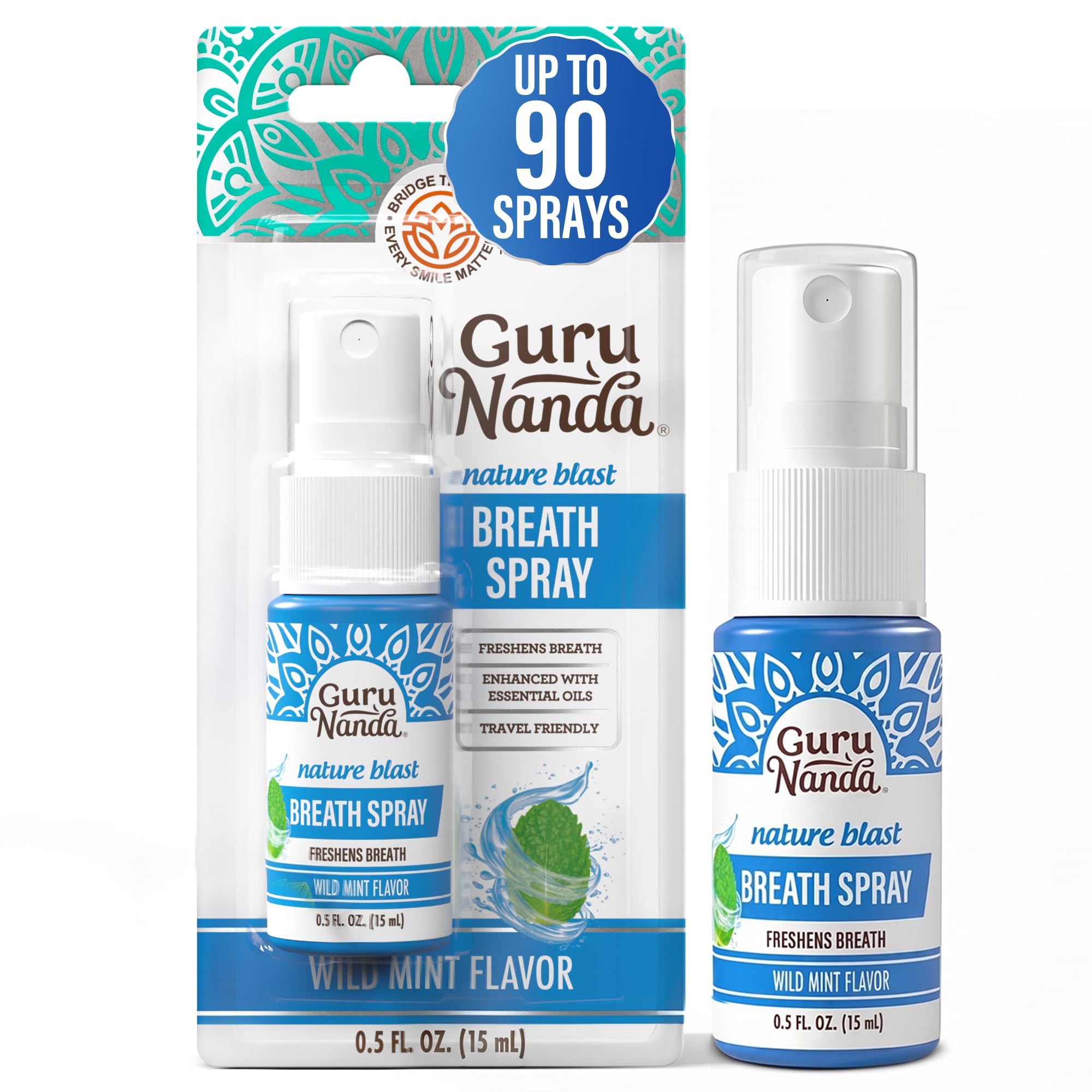 GuruNanda Nature Blast Mouth Freshener Spray for Bad Breath, Sugar Free, Travel Size, Wild Mint Oral Breath Freshener with Essential Oils, Vegan, Gluten-Free, Up to 90 Sprays, 0.5 fl oz
