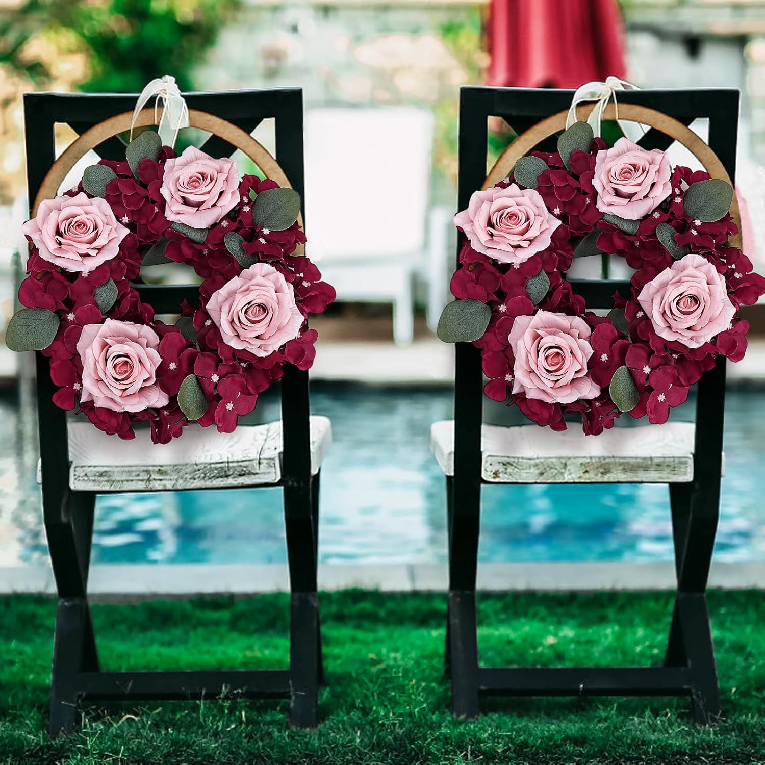 Artificial Flower Candle Rings - 6 Inch Inner Rose Floral Wreaths with Butterflies for Wedding Bridal Event Table Centerpieces Backdrop Decorations (Burgundy & Dusty Pink, 6 X Candle Rings)
