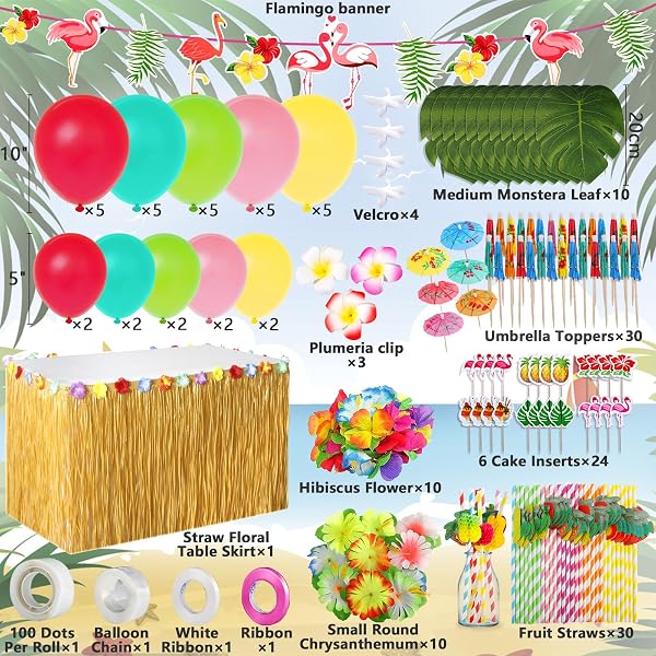 ZLPBAO 162 Pièces Hawaïenne Luau Table Jupe Set de Décoration, Decoration Anniversaire Tropical, Feuilles de Palmier, Fleurs Hawaïennes été Anniversaire Barbecue Fournitures de Fête de Jardin - 2