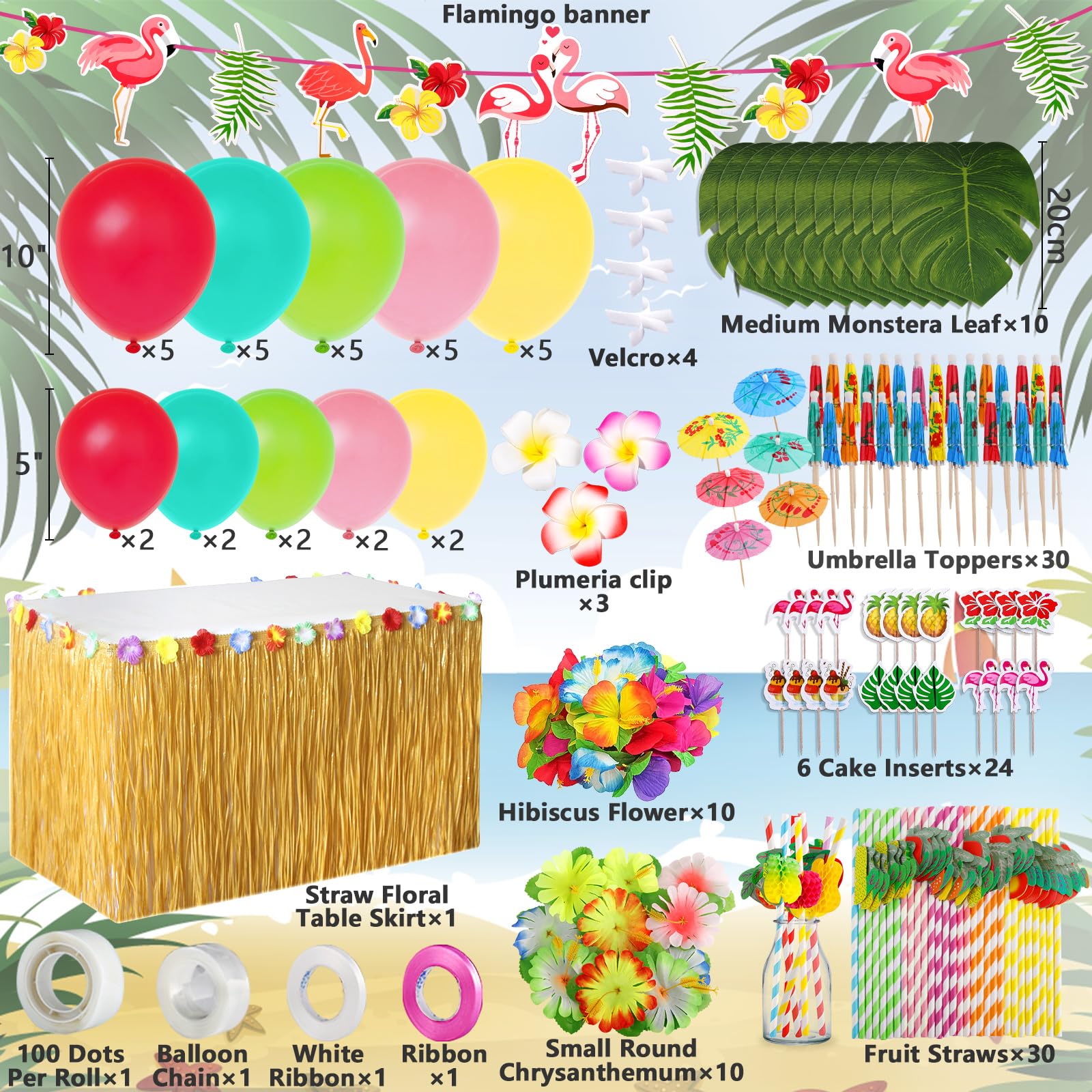 ZLPBAO 162 Pièces Hawaïenne Luau Table Jupe Set de Décoration, Decoration Anniversaire Tropical, Feuilles de Palmier, Fleurs Hawaïennes été Anniversaire Barbecue Fournitures de Fête de Jardin - 2
