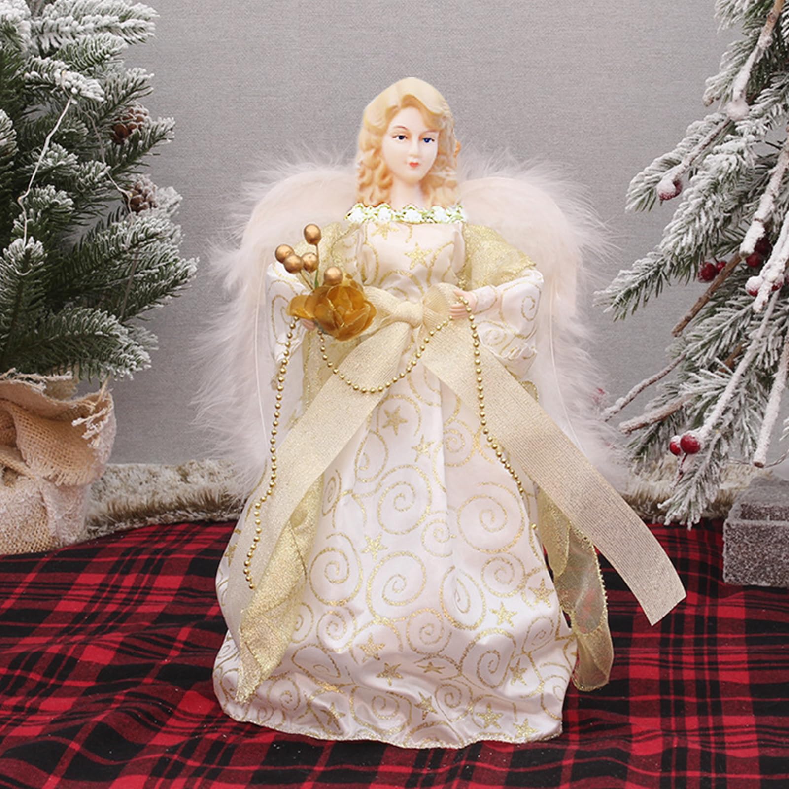 Duqulle Angel Christmas Tree Topper - 31cm Angel Decoration Christmas Tree Top Topper With Feather Wings | Angel Figurines Treetop | Angel Pendant Doll Christmas Tree Decoration