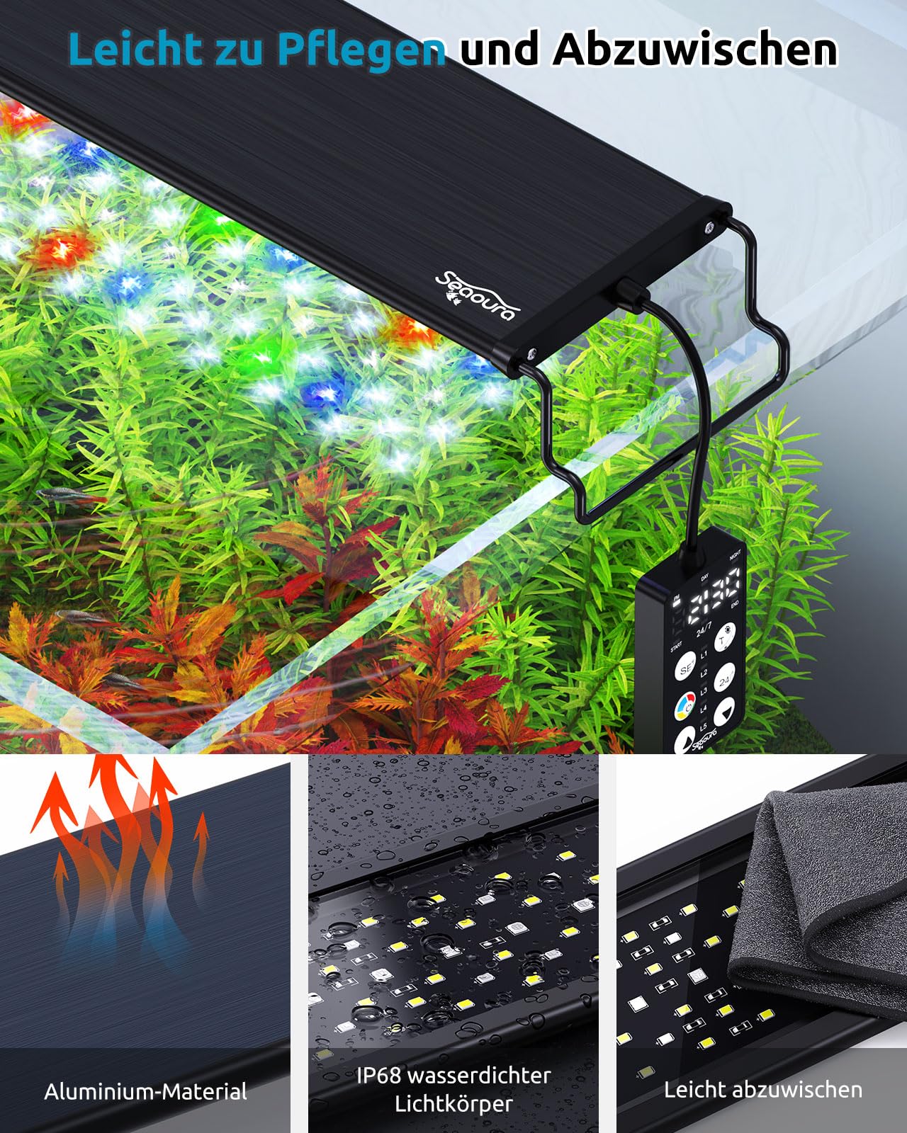 SEAOURA Aquarium Lampe mit Timer, Vollspektrum Aquarium LED Pflanzen Wachstums Leuchten mit Stromausfall Gedächtnis, 8 Farb, 20 Helligkeitsstufen, Beleuchtung für Süßwasser Aquarien 45-60cm