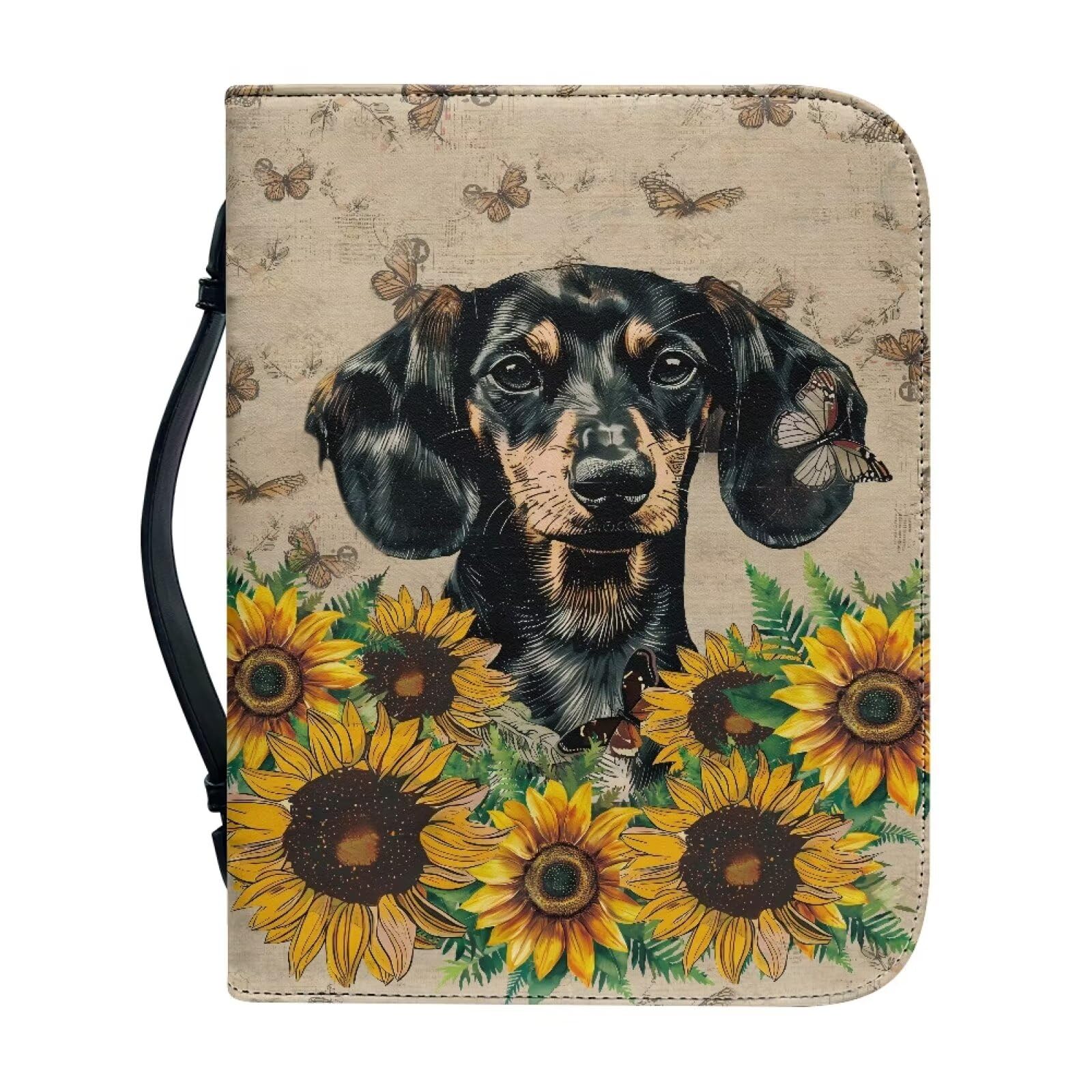 Talayituse Dachshund Sunflower Butterfly Print Faux Leather Bible Cover for Men Boys Women Girls Christian Bible Case with Handle Carrying Book Case Protector Bible Tote Handbag Gifts, M — image 1
