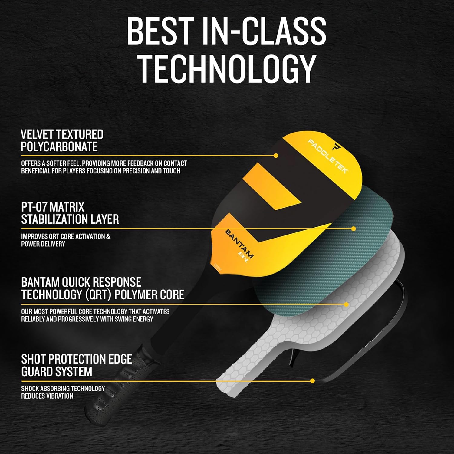 Paddletek Bantam EX-L Pickleball Paddle | Professional Pickleball Paddles with Honeycomb Core, Polycarbonate Surface, Bantom PolyCore & High Tack Performance Grip | USAPA Approved