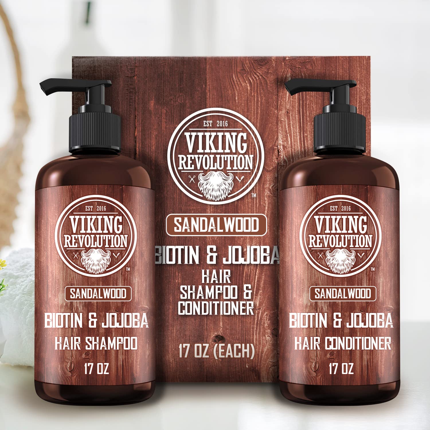 Viking Revolution Sandalwood Shampoo and Conditioner Set with Biotin and Jojoba Oil - Natural Hair Shampoo and Hair Conditioner for Men with Vitamin B5 (17 Oz)