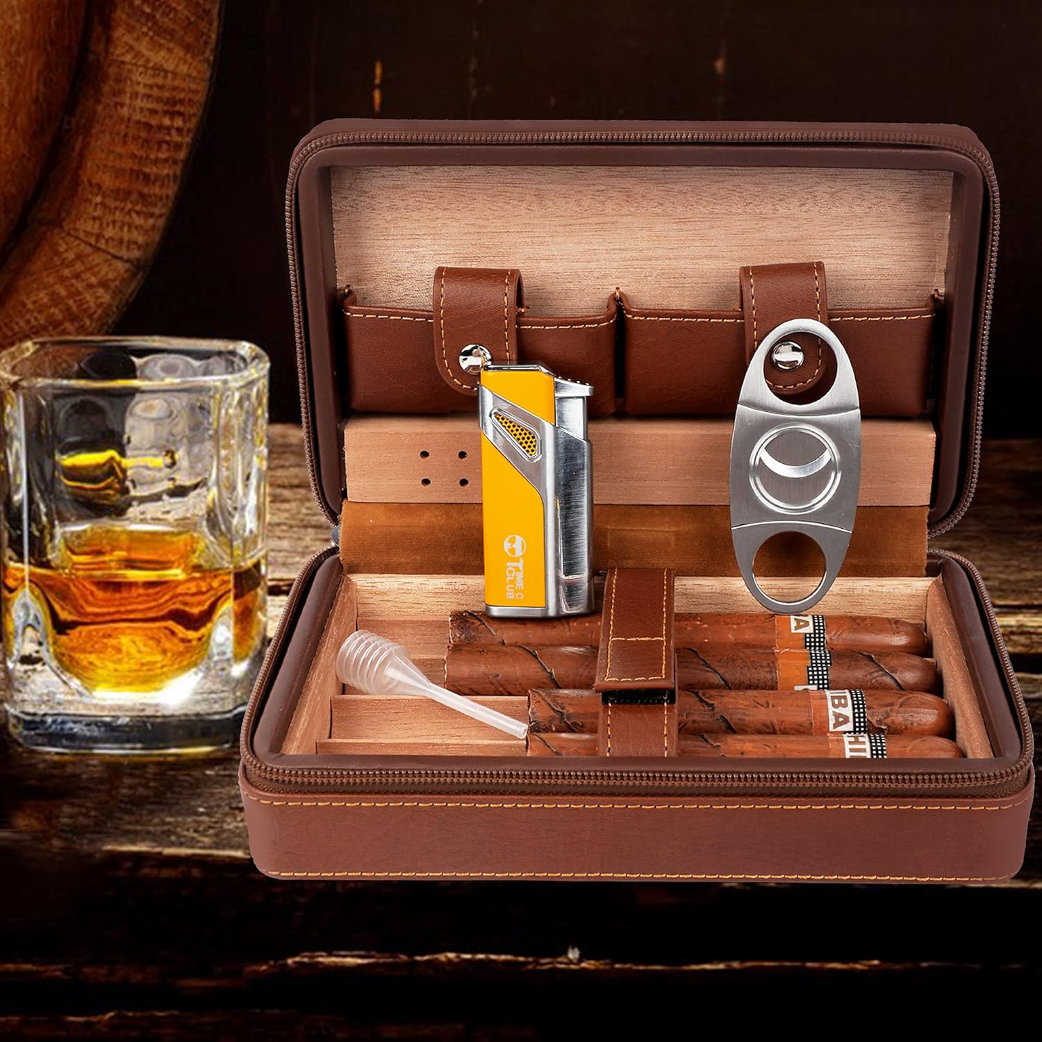 Time C Club 4-Finger Portable Travel Leather Cigar Case, Cigar Cutter,Cigar Humidor with Cigar Lighter and Humidifier, Groomsmen Gift, Birthday Gift