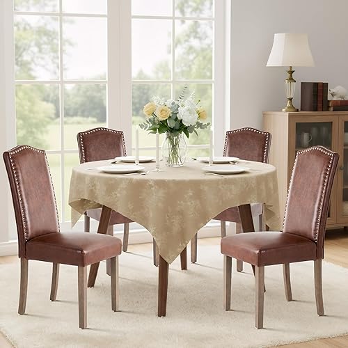 Miniatura 6 de Silla de comedor tapizada elegante Parsons con respaldo alto con ribete plateado de cabeza de clavo y patas de madera, paquete de 6, color marrón