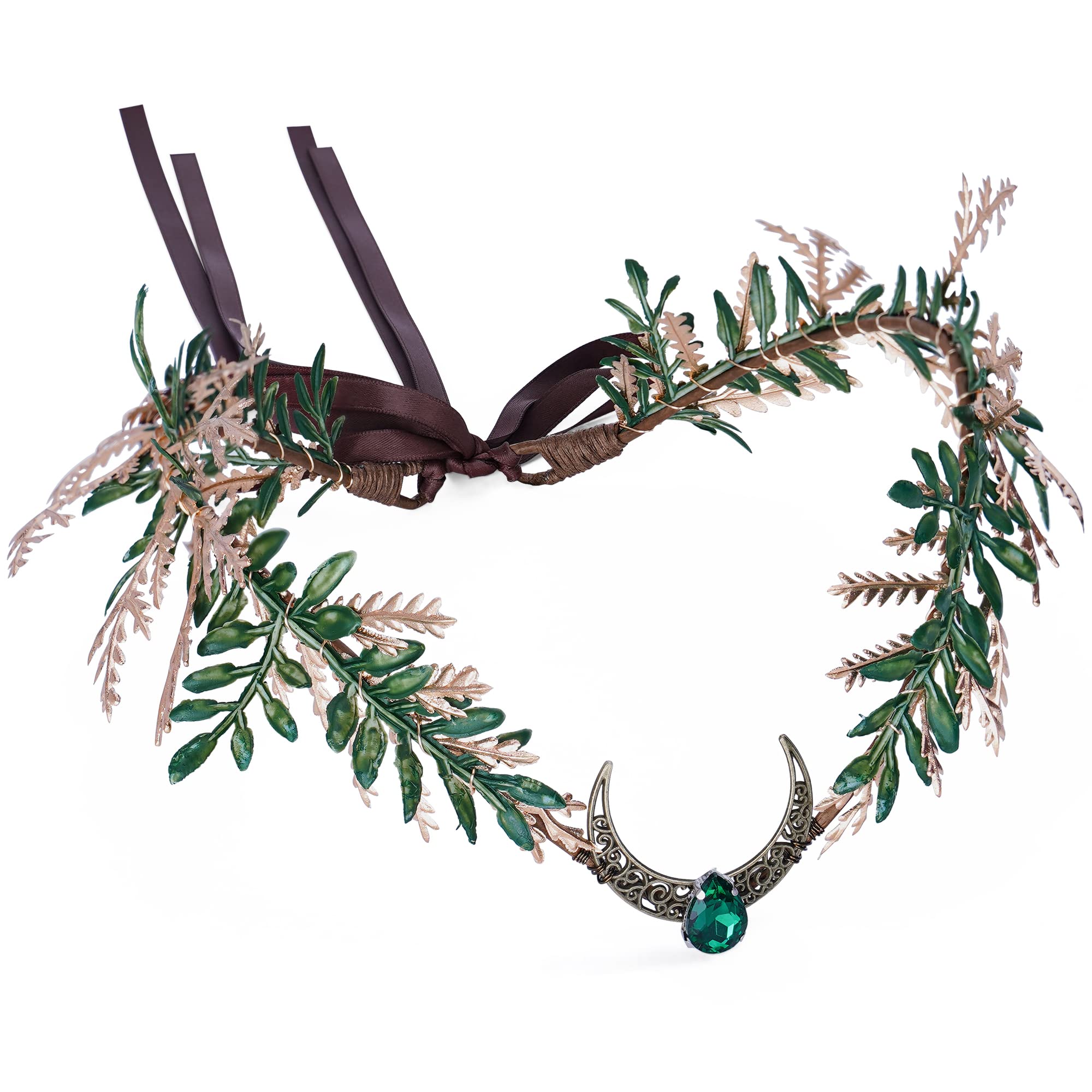 MOSTORY Woodland Fairy Crown for Cosplay Accessory Women Renaissance Halloween, green-gold