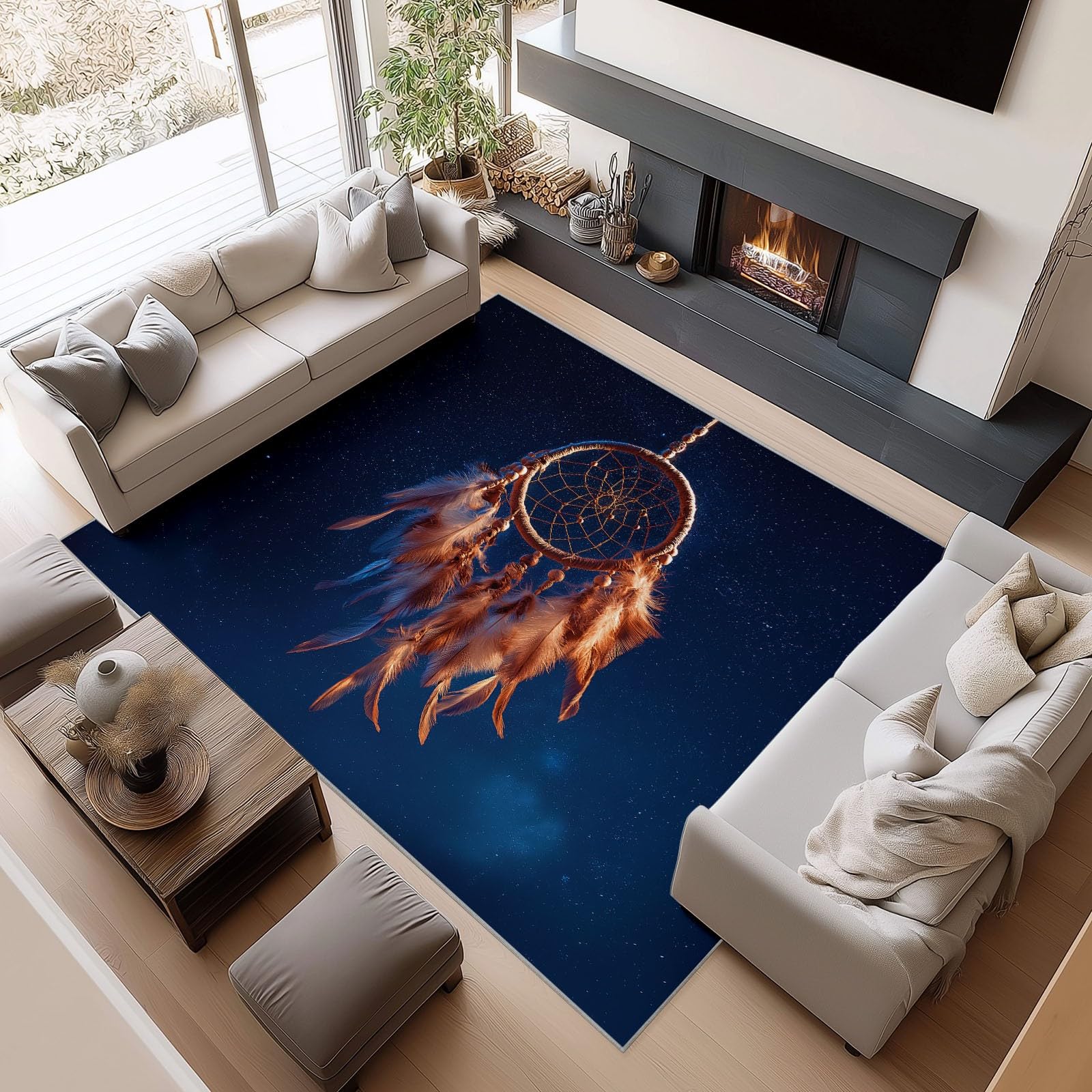 Kuscheliger Dunkelblau Teppich für Wohnzimmer, Waschbarer rutschfest Teppich 80 x 150 cm - Wohnzimmerteppich Verträumt Elegant Traumfänger Sternenhimmel für Kinder Schlafzimmer Esszimmer Studie