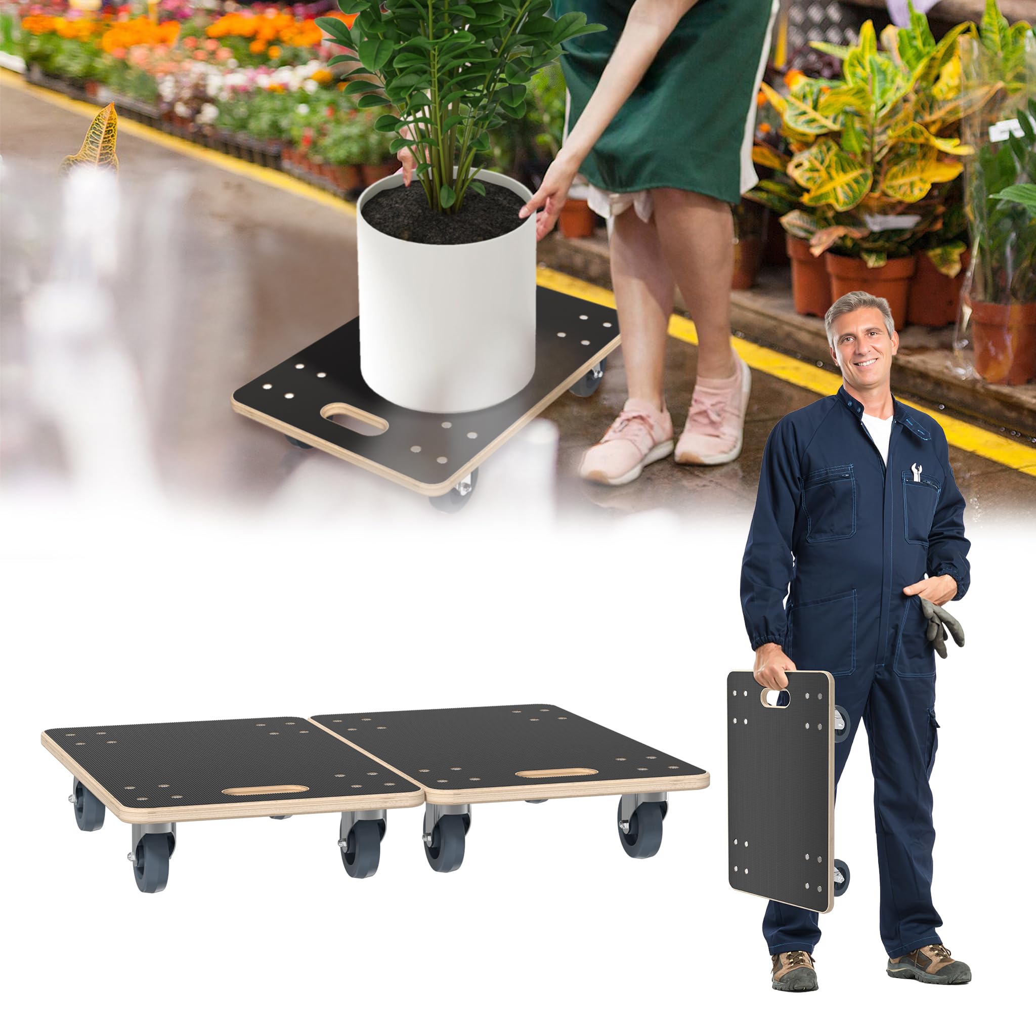 YRHome Rodillo de transporte con freno de pie, asa de freno, tabla de transporte, 60 x 40 x 14,5 cm, hasta 200 kg, resistente al agua, antideslizante, para mudanzas, muebles, perros, ruedas, 2