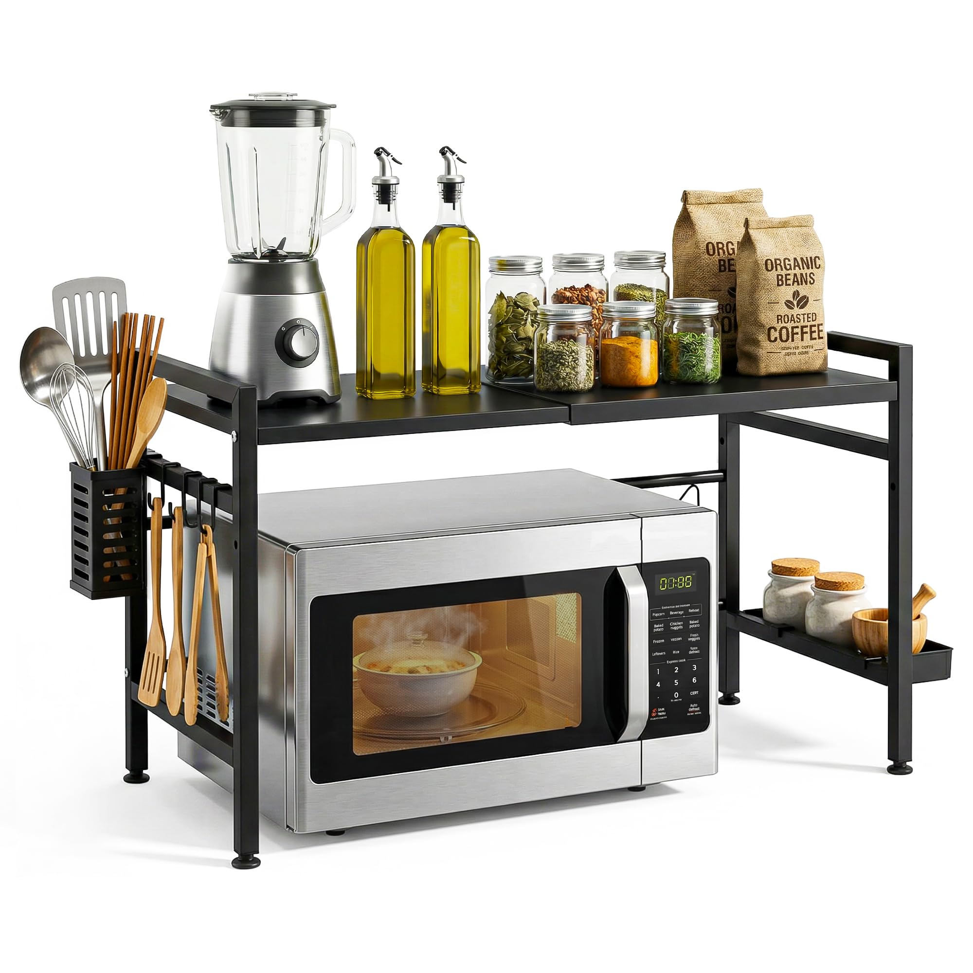 Microwave Stand, Microwave Cabinet for Small Kitchens, Adjustable Steel Microwave Shelf with 8 Hooks, Heavy Duty Countertop Microwave Holder 25kg Organizer