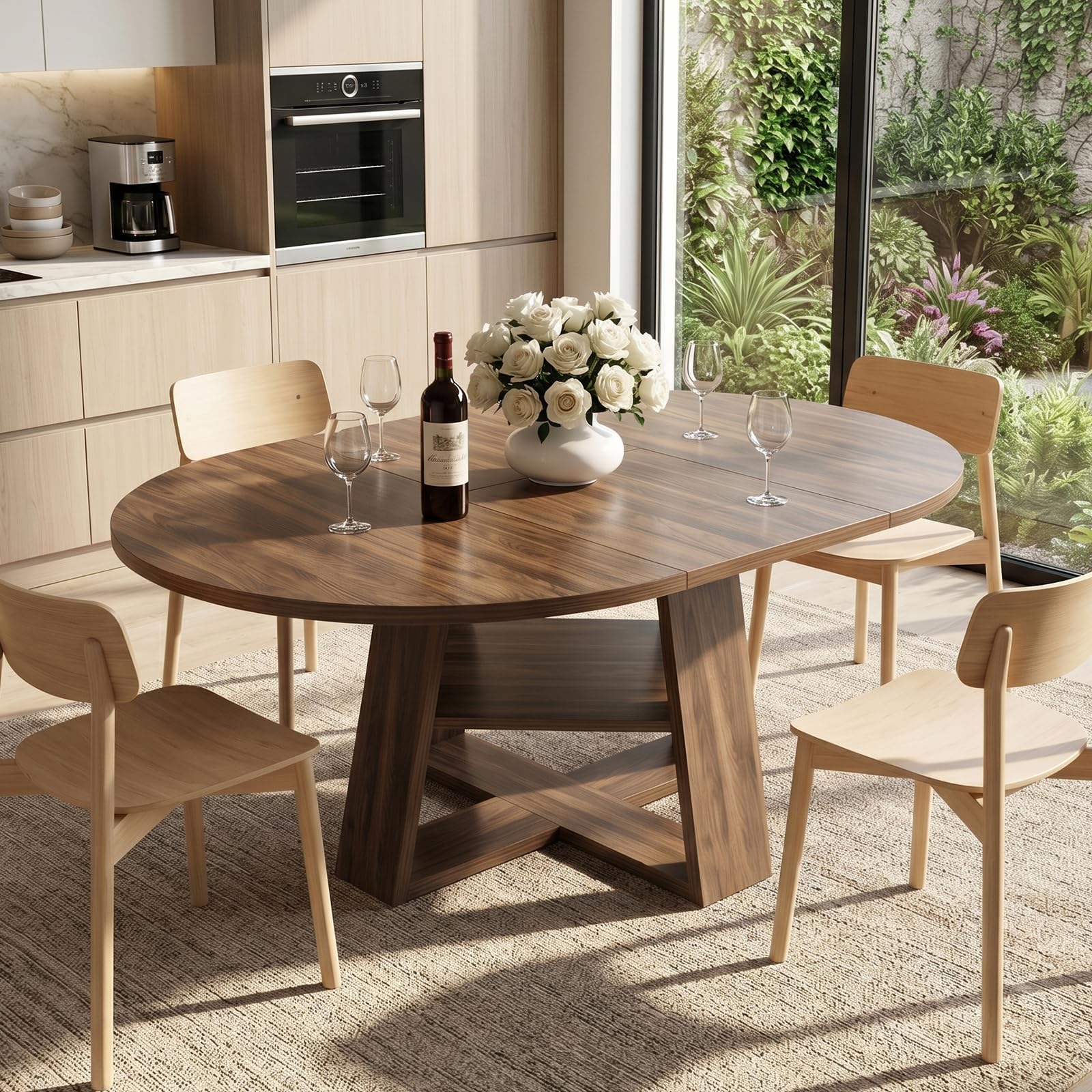 SJPVPYB Extendable Round Dining Table, Folding Wooden Dinner Table for 4-6 People, Farmhouse Kitchen Table with Storage Shelves for Dining Room Living Room, Rustic Brown (Cross Base) — image 1