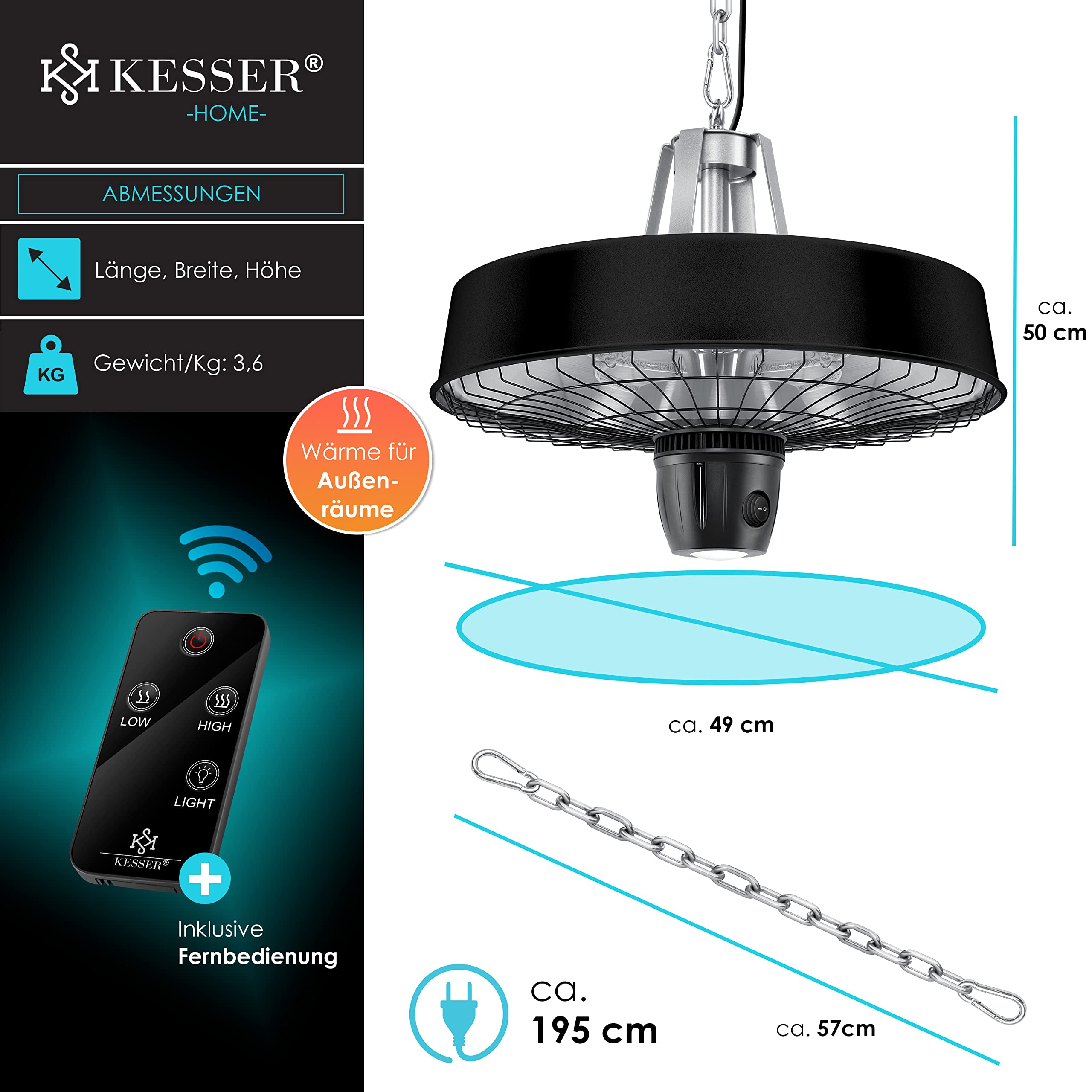 KESSER® Grzejnik sufitowy na podczerwień, 2500 W, promiennik tarasowy, z pilotem zdalnego sterowania, kwarcowy, światło LED, sufit, z łańcuszkiem i karabińczykiem, element grzejny z włókna węglowego
