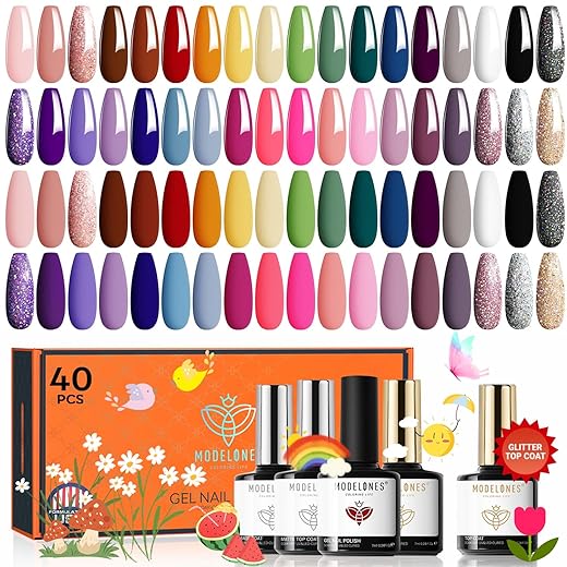 modelones Modelones 40 Pcs Gel Nail Polish Set, 36 Cores Primavera Branco Nude Marrom Preto Gel Polish Kit Vermelho Rosa Choque Azul Verde Glitter Gel Nail Polish 2025 W Base& Matte& Glitter& Glossy