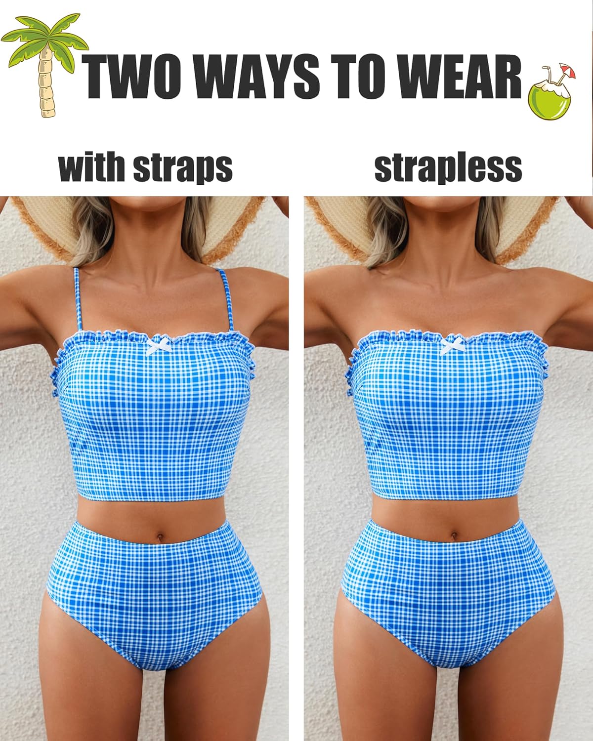 Jolefille High Waisted Bikini Sets for Women Strapless 2 Piece Tummy Control Swimsuits Lace up Bathing Suits Modest Swim Suit