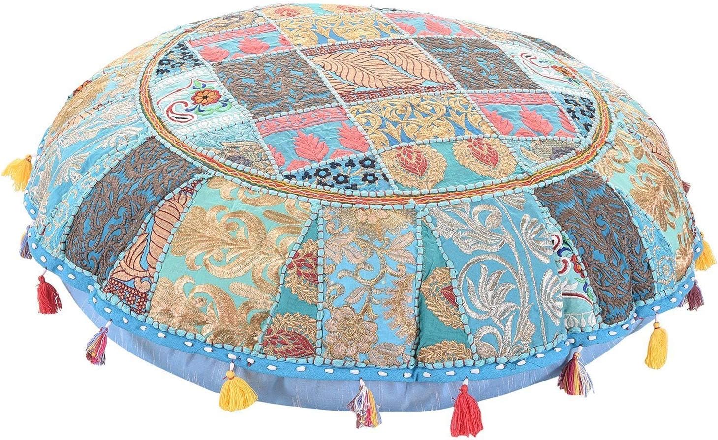 Sophia Art Round Floor Pillow Cushion Patchwork Pouf Ottoman Vintage Indian Foot Stool Bean Bag Floor Pillow Cover Home Decor Living Room Ottoman Bohemain Pillows (Turquoise, 28 Inch)