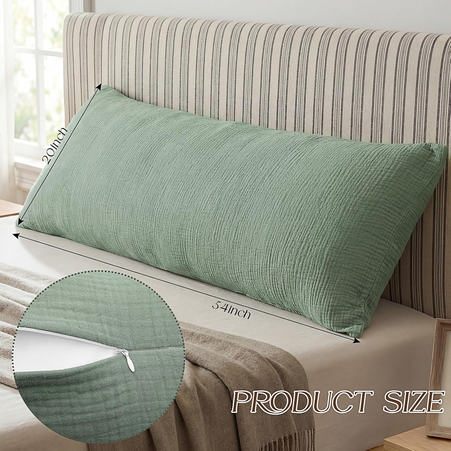 Mifoci 1 Set Cotton Body Pillow and Cover Set for Adults, Long Pillow Insert for Sleeping, Soft Support for Side Sleepers, Pregnant Women, Washable (Sage Green, 20 x 54 Inch)