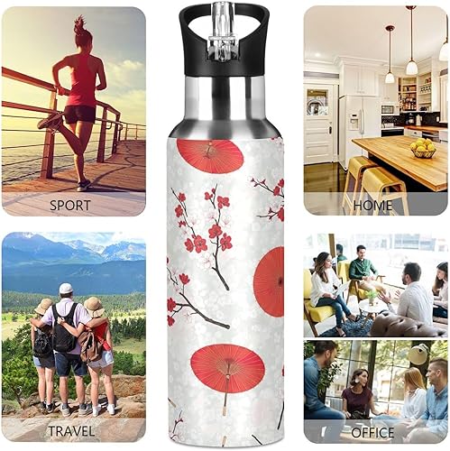 Miniatura 5 de Insulated Water Bottle 20 Oz, Leakproof Water Bottles for Gym Outdoor Travel School, Cherry Blossom Branches Red