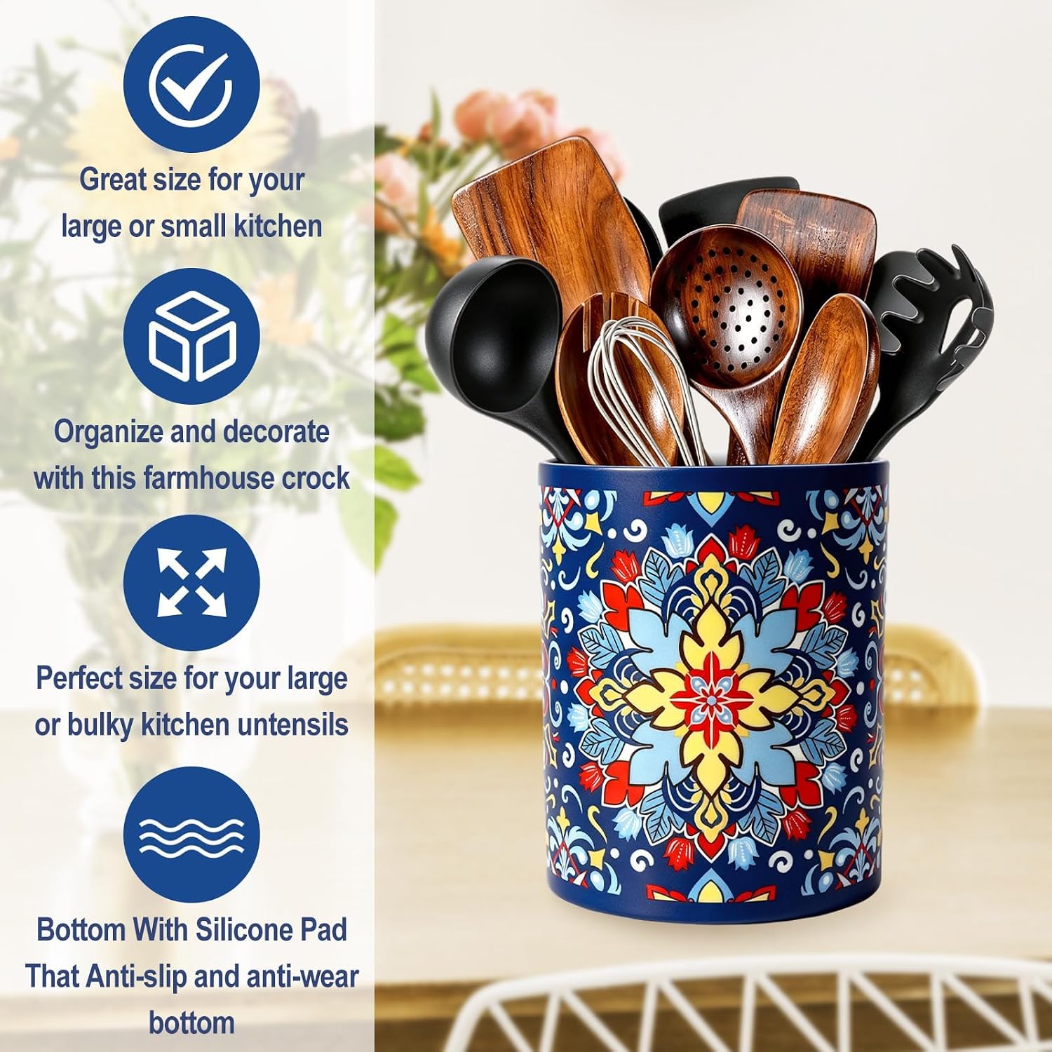 FYSUIMU Bohemian Mandala Ceramic Utensil Holder Rustic Colorful Floral Utensil Crock Cooking Tool Storage Organizer Container for Home Kitchen Countertop Decor