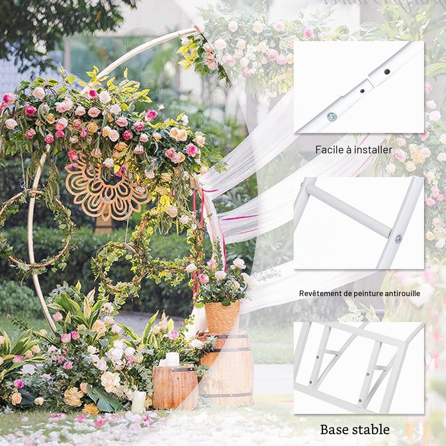 Kit Arche de Mariage: Kit d’Arc de Ballon Anniversaire Photo de Fleur Ronde 240cm Métallique Cercle Double Cérémonie de Décoration du Mariage Photographie Fête - Blanc