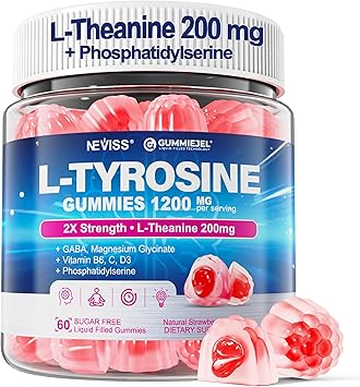 L Tyrosine Gummies Supplement 1200mg, GABA L-Theanine Supplement 200mg with Magnesium Glycinate Vitamin B6, D3 & C - Calm & Focus Gummies - Brain Supplements for Memory, Mood & Relax for Adults, 60Cts