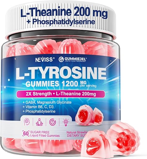 NEVISS L Tyrosine Gummies 1200mg Plus GABA L-Theanine 200mg for Adults | L-Tyrosine Supplement with Magnesium Glycinate Vitamin B6, D3 & C for Brain, Memory, Mood, Relax, Calm & Focus Gummies, 60Ct