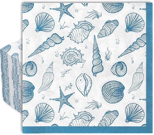AnyDesign Paquete de 100 servilletas de papel de concha de mar azul océano playa, servilletas desechables de verano náuticas de almuerzo bajo el