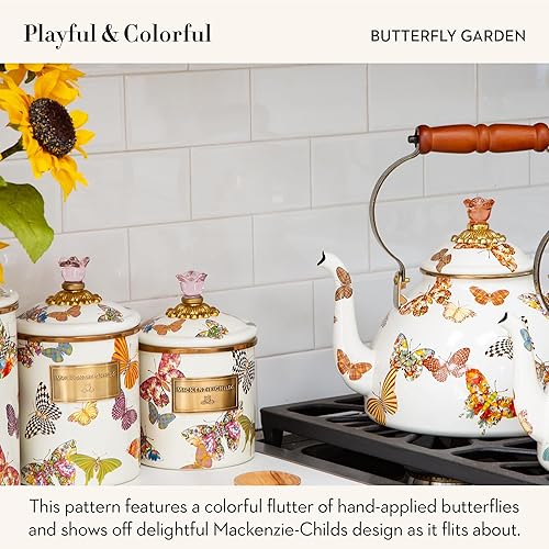 Miniatura 3 de MACKENZIE-CHILDS Hervidor de té esmaltado, bonita tetera de cocina para estufa, capacidad de 2 cuartos de galón, jardín de mariposas