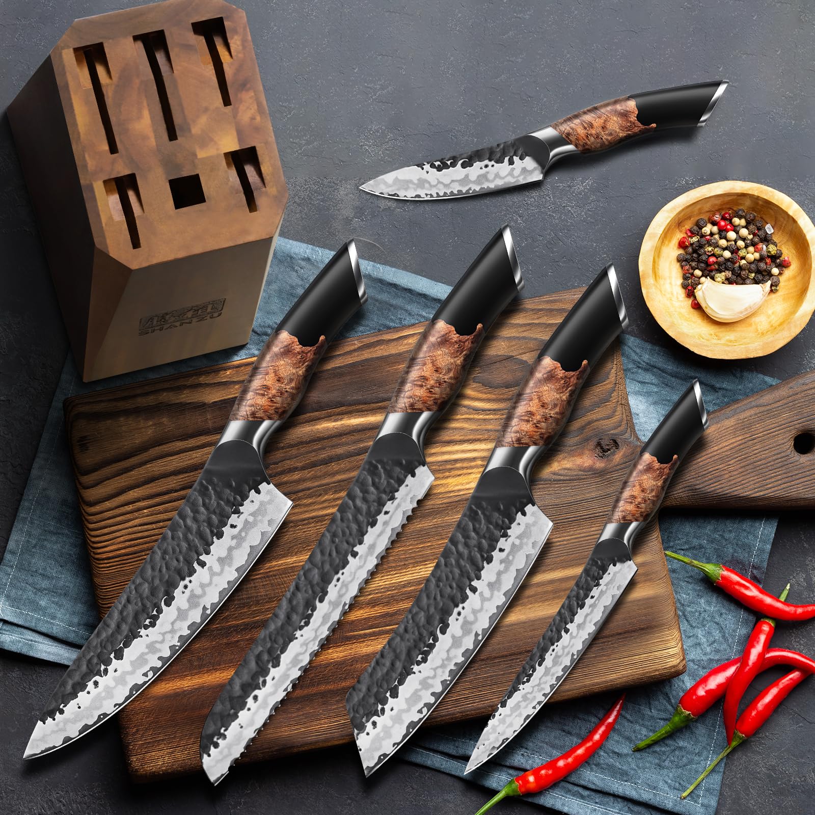 SHAN ZU Set di Coltelli da Cucina Forgiati a Mano,Set di Coltelli Giapponesi da 7 Pezzi con Ceppo Coltelli,Coltello da Chef in Acciaio 10Cr15MOV (7 Strati),Manico in Legno di Acero