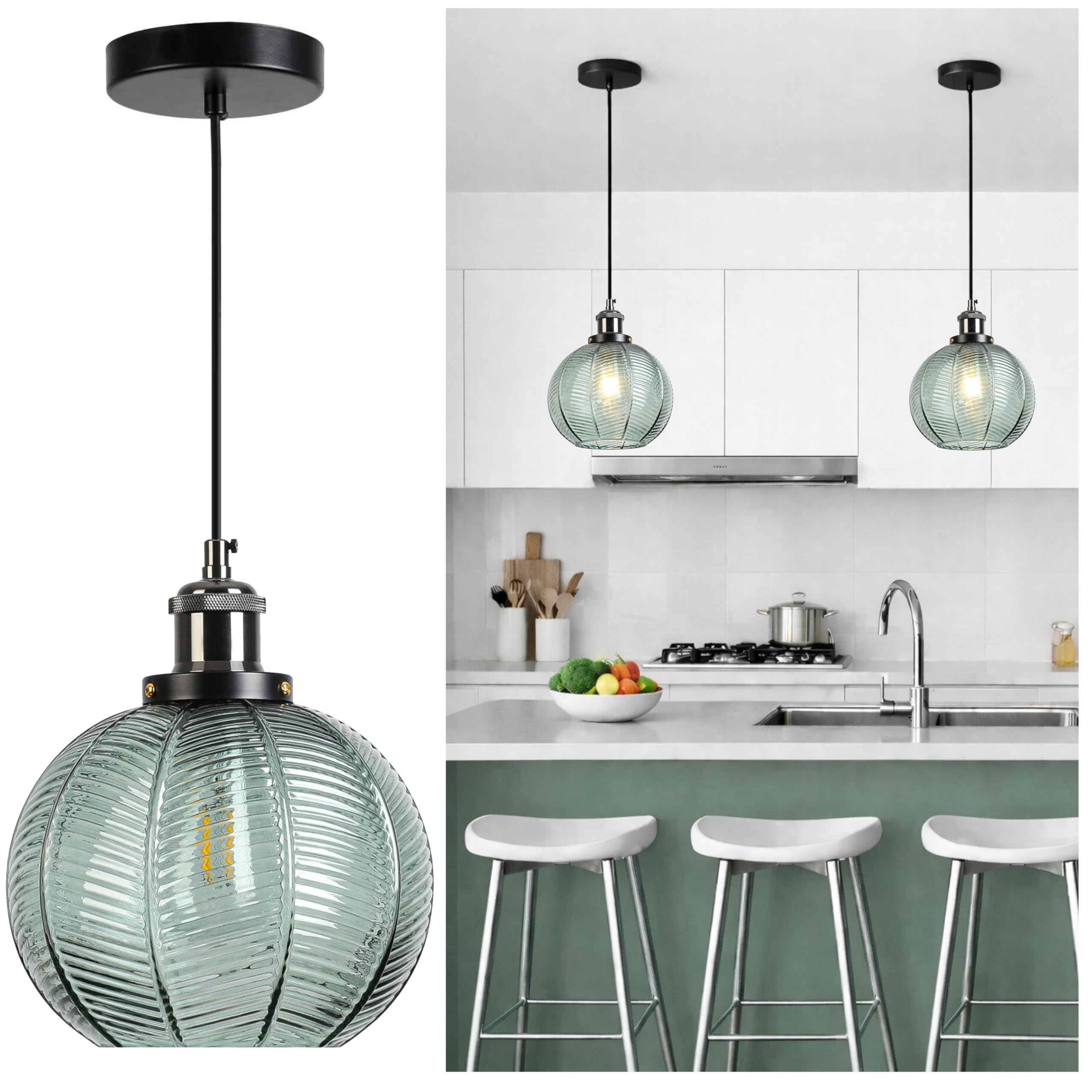 Photo 1 of RENSTARYAN Green Glass Pendant Light, Globe Hanging Light for Kitchen Island