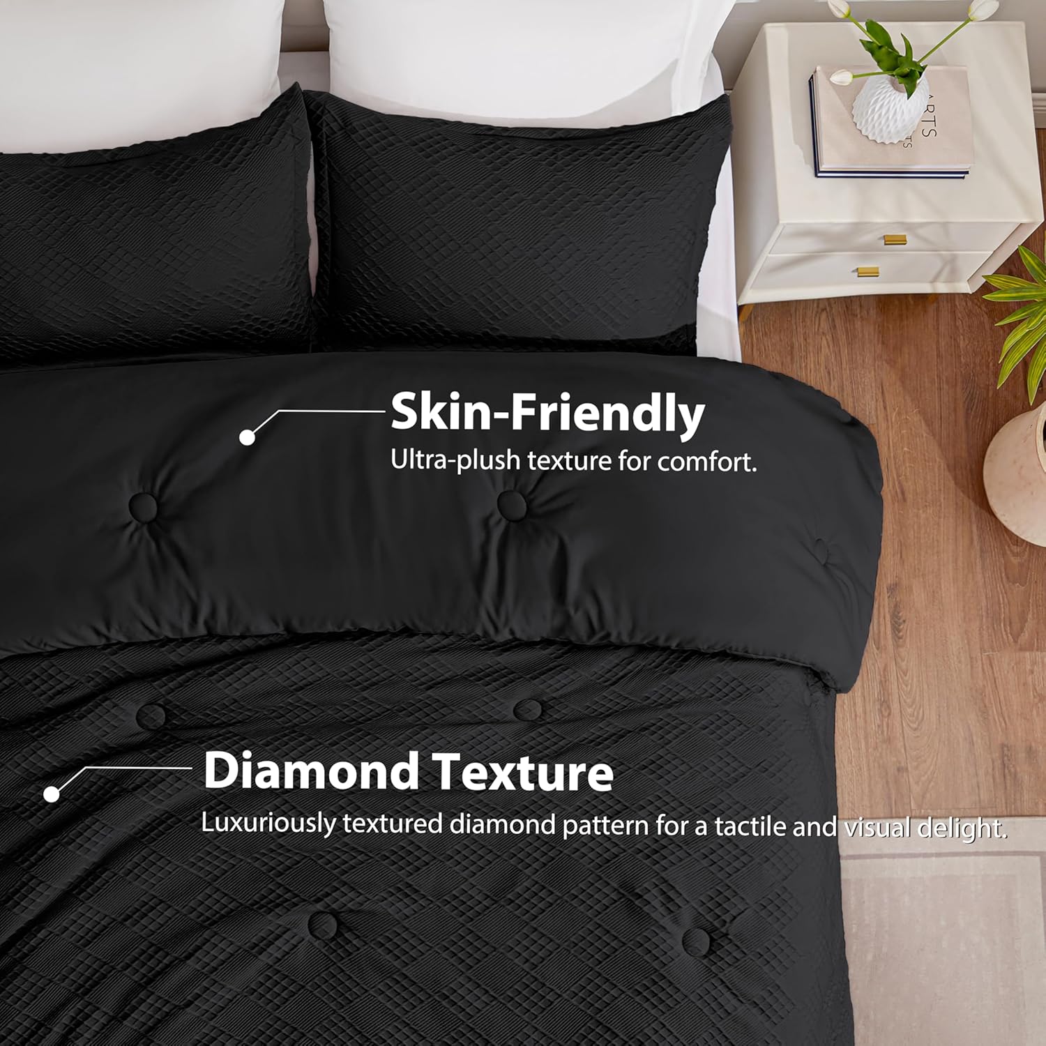EXQ Home Waffle Comforter King Size - Super Soft Embossed Design Comforter Set 3 Pieces, Black 3D Diamond Pattern Bedding Set,Winter Warm Bed Set,1 Comforter with 2 Pillowcases