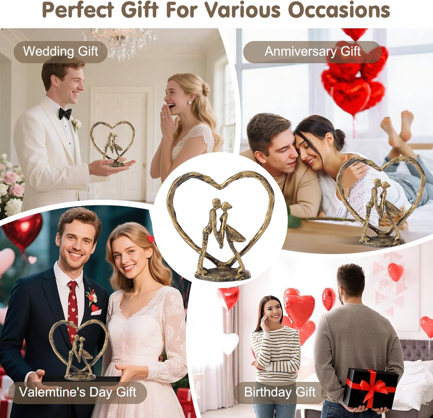 Anniversary Wedding Gift for Her Wife Husband Couple，Antique Golden Metal Couple Figurine Heart Sculpture Love Statue，Romantic 1st to 60th Anniversary,Includes Gift Box and Gift Card，Valentines Gifts - Image 2