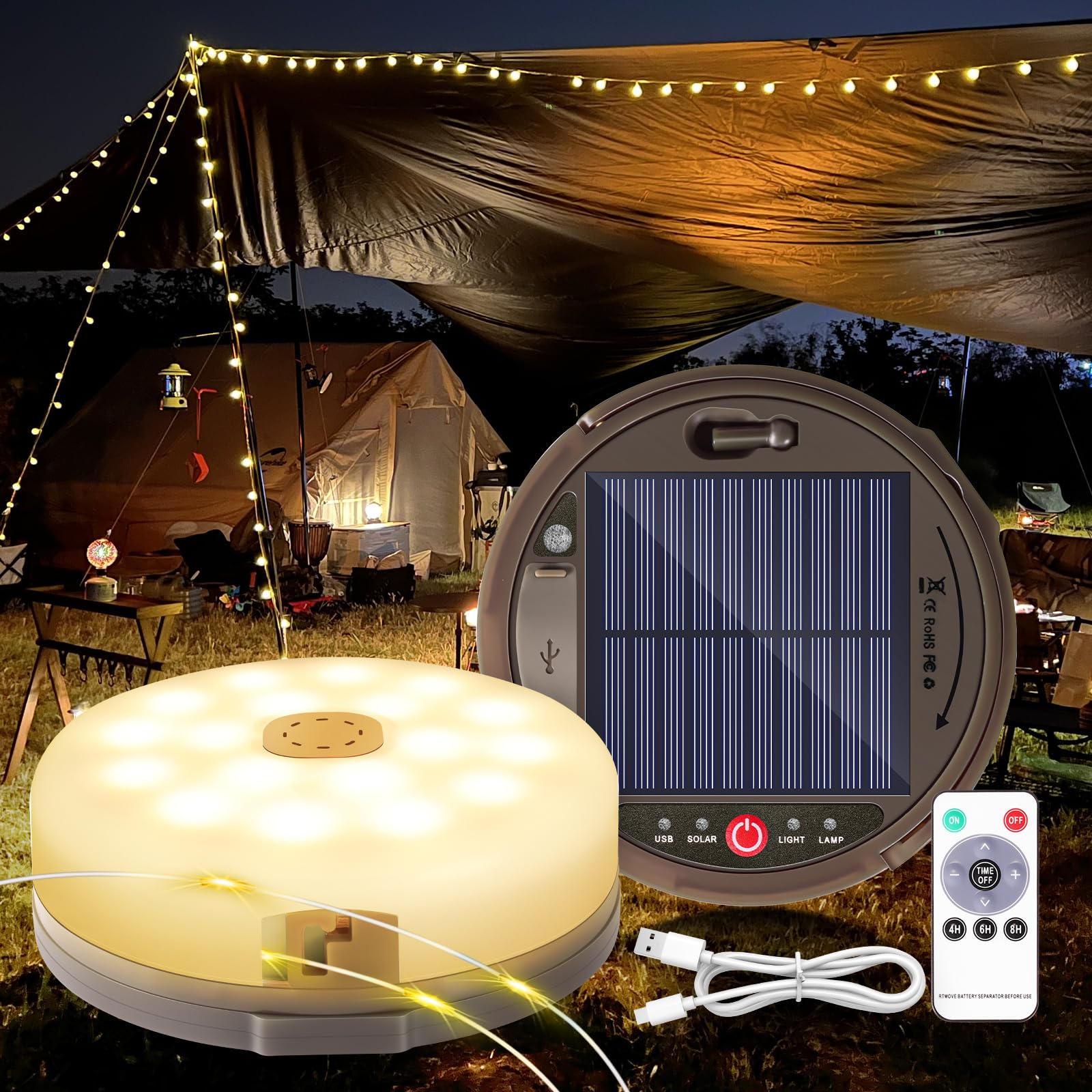 HELESIN Catena luminosa da campeggio arrotolabile, 12,8 m, 128 LED, per esterni, ricarica USB IP44, impermeabile, per campeggio, giardino ed escursionismo