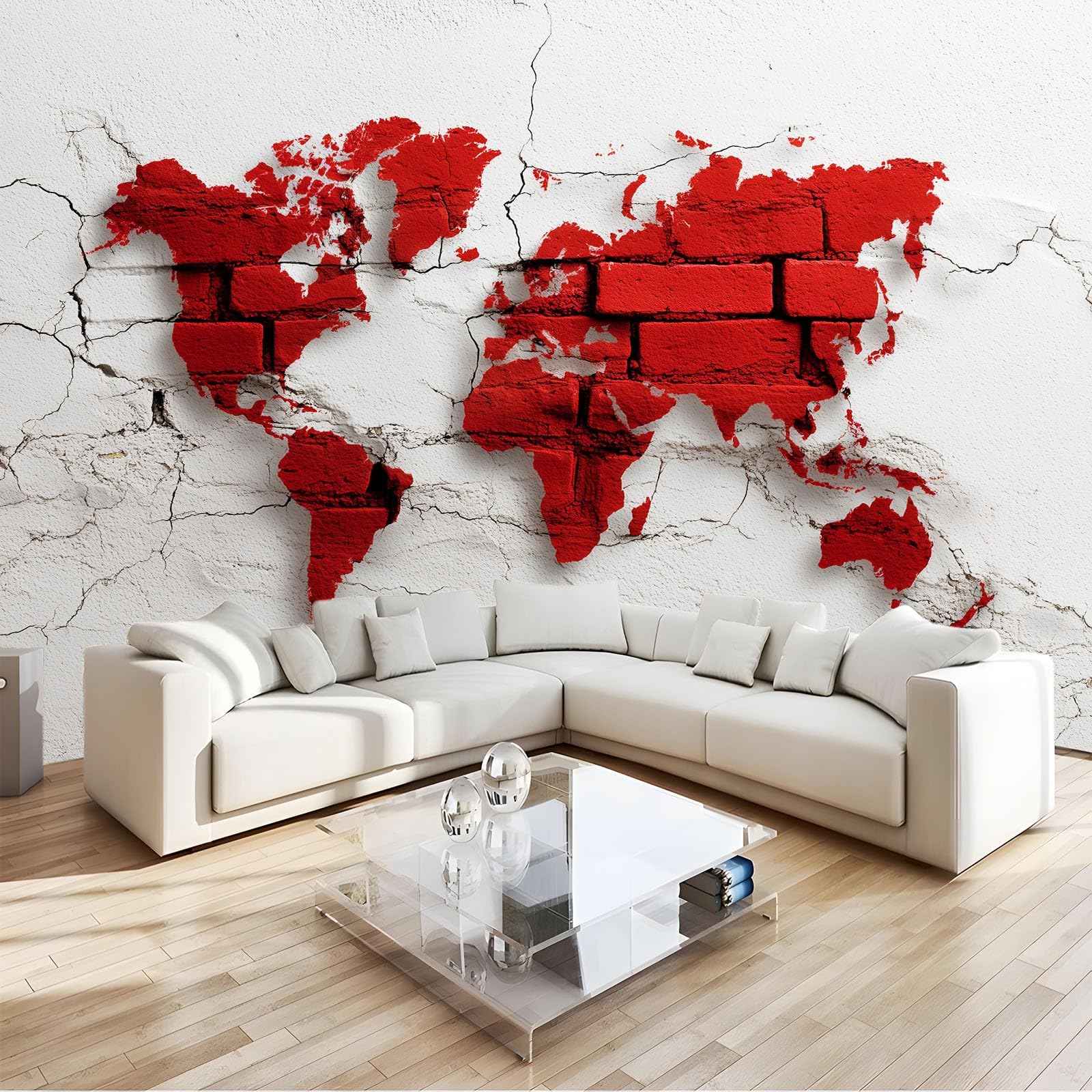 250 x 175 cm, fototapeta z flizeliny, efekt 3D, mur z cegły, mapa świata, fototapety do salonu, sypialni, tapeta ścienna, jasny kolor