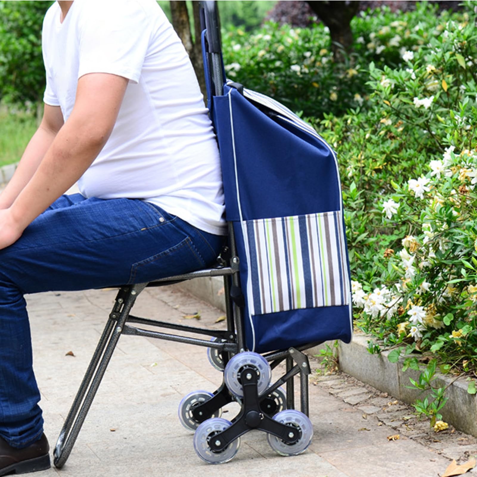 Foldable Shopping Trolley with Seat Stair Climber Folding Shopping Cart Portable Grocery Trolley Cart with Wheels Grocery Cart On Wheels Personal Shopping Cart for the Elderly Blue