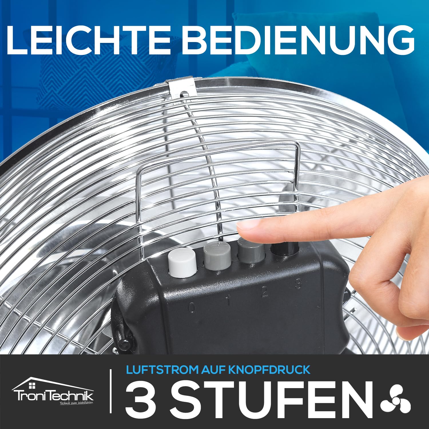 Tronitechnik® XL Windmaschine mit 45 cm Ø | Ventilator Verstellbarer Winkel | Bodenventilator 3 Stufen | Ventilator aus Metall | Luftkühler | Standlüfter | Raumkühler