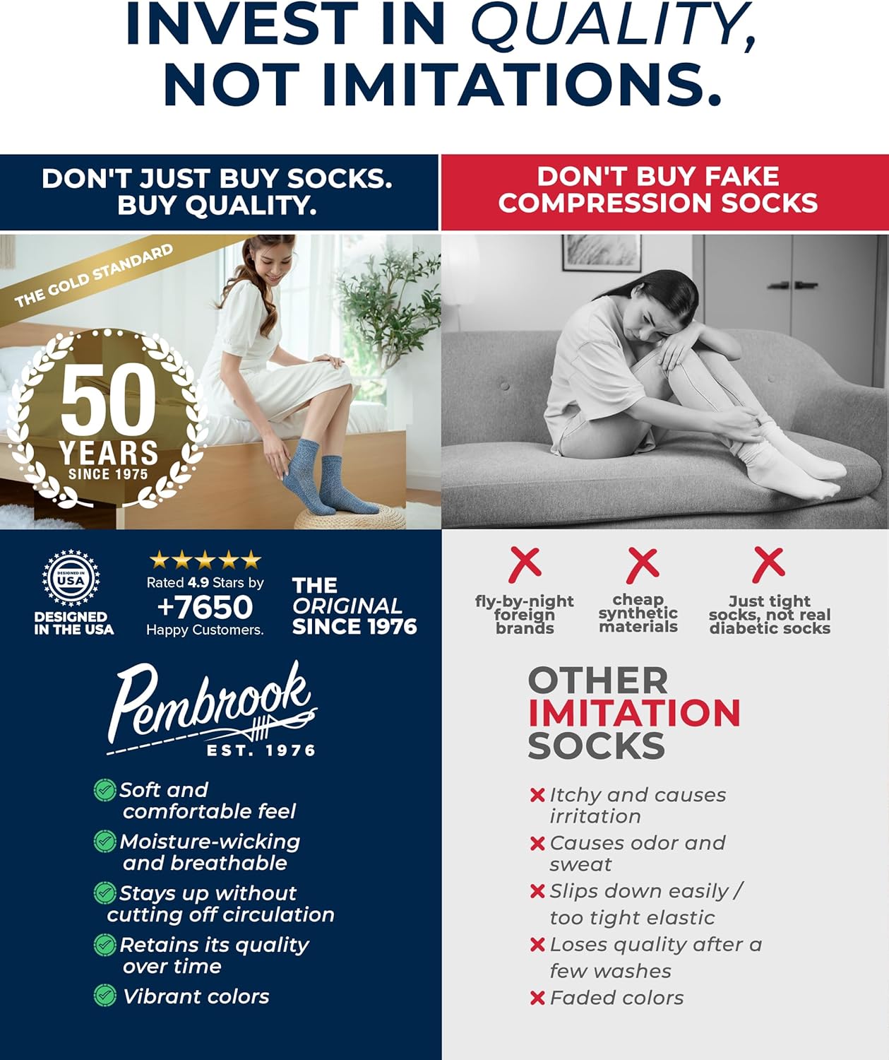 Pembrook Ankle Diabetic Socks for Women & Men | 6 Pairs | Wide Non Binding Socks Quarter Length | Edema Neuropathy Socks - Image 3