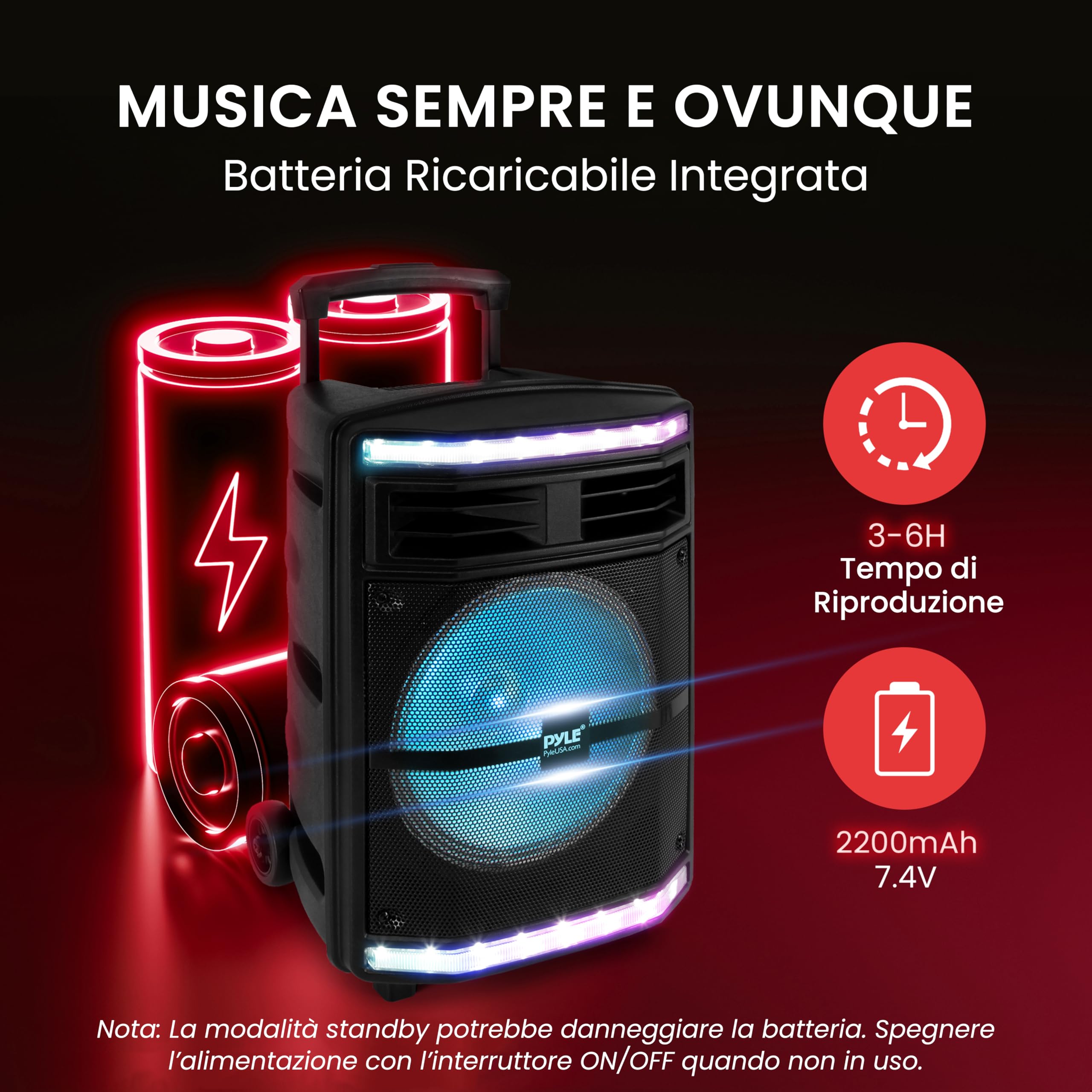 Pyle Speaker Bluetooth Portatile Ricaricabile da 600 Watt, Altoparlante Amplificato Portatile con Ingresso Microfono da 2,54cm, Luci da Festa, Lettore di Schede MP3/USB SD e Ruote Girevoli