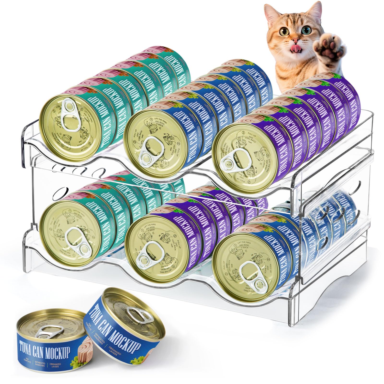 REFLYING Cat Food Can Organizer, Can Organizer for Pantry, Transparent Cat Food Storage Container Holds 36 (3.5oz) Cans, Canned Food Organizer and Storage for Countertop Kitchen Cabinet (2 Layers)